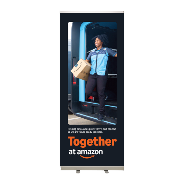 Together at Amazon Roll-Up Banner Squid Ink Option 1 - WW Operations Woman with Box