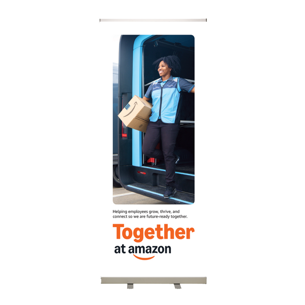 Together at Amazon Roll-Up Banner White Option 1 - WW Operations Woman with Box