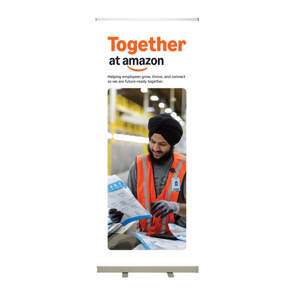 Together at Amazon Roll-Up Banner White Option 3 - WW Operations Man at Conveyor Belt