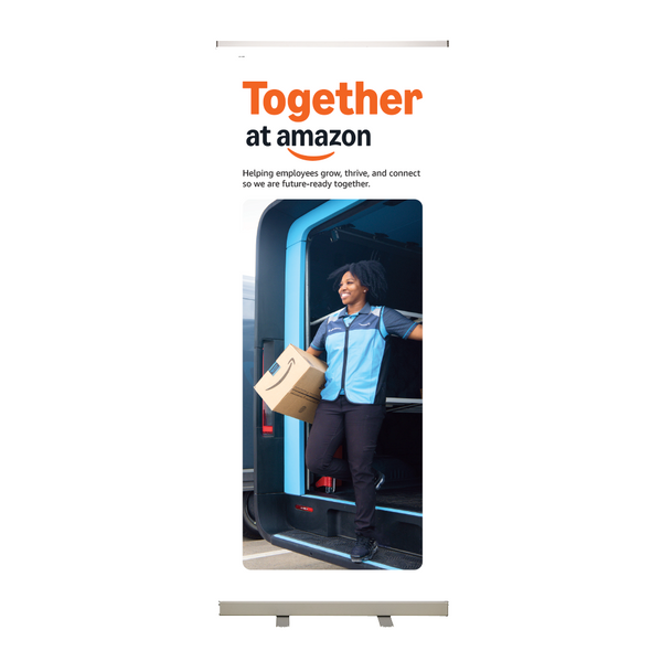 Together at Amazon Roll-Up Banner White Option 4 - WW Operations Woman with Box V2